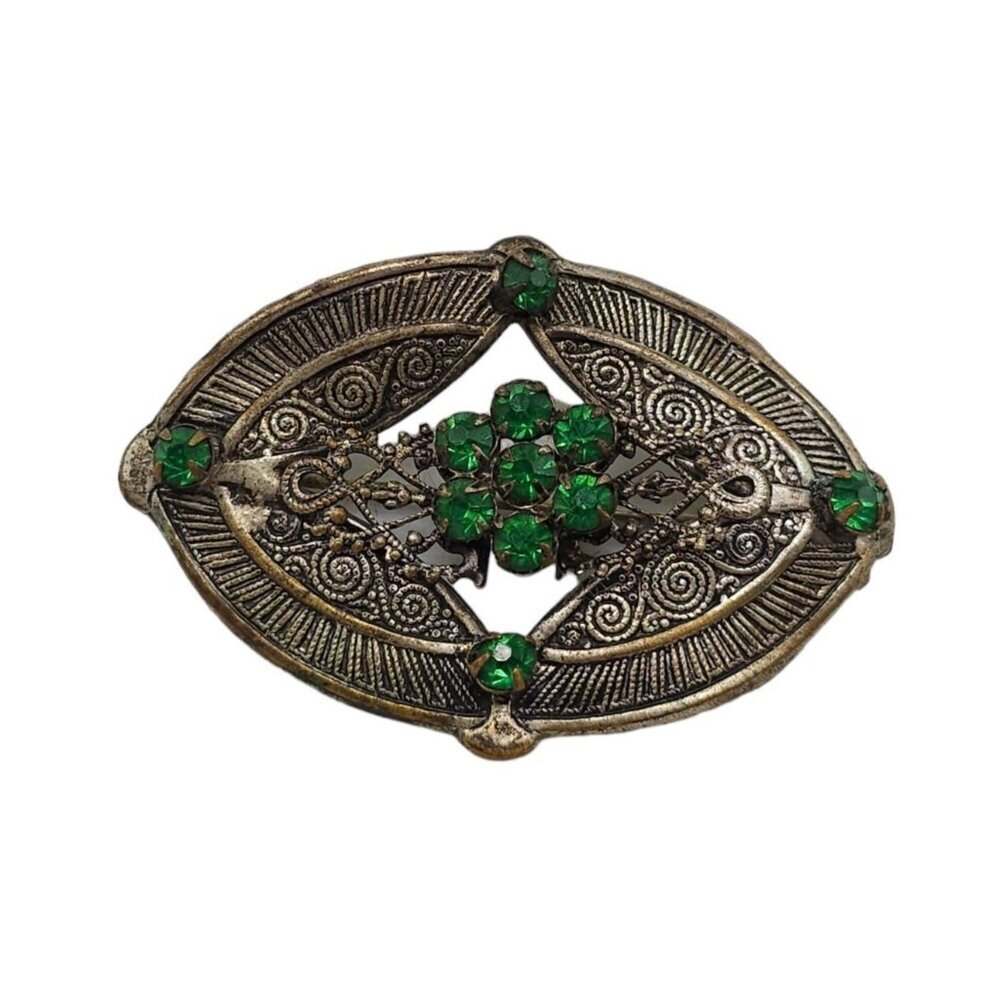 Vintage Czech 1920s Stamped Brass Green Glass Brooch With Art Deco Design